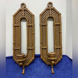 Pair Retro 1980 BURWOOD 2473 Plastic RATTAN Bamboo WALL SCONCE Candle Holder 20”
